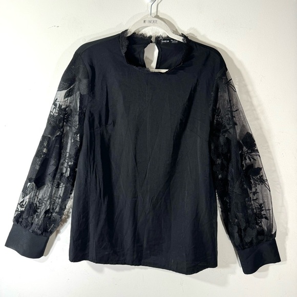 SHEIN Tops - Shein Black Sheer Lace Balloon Sleeve Blouse